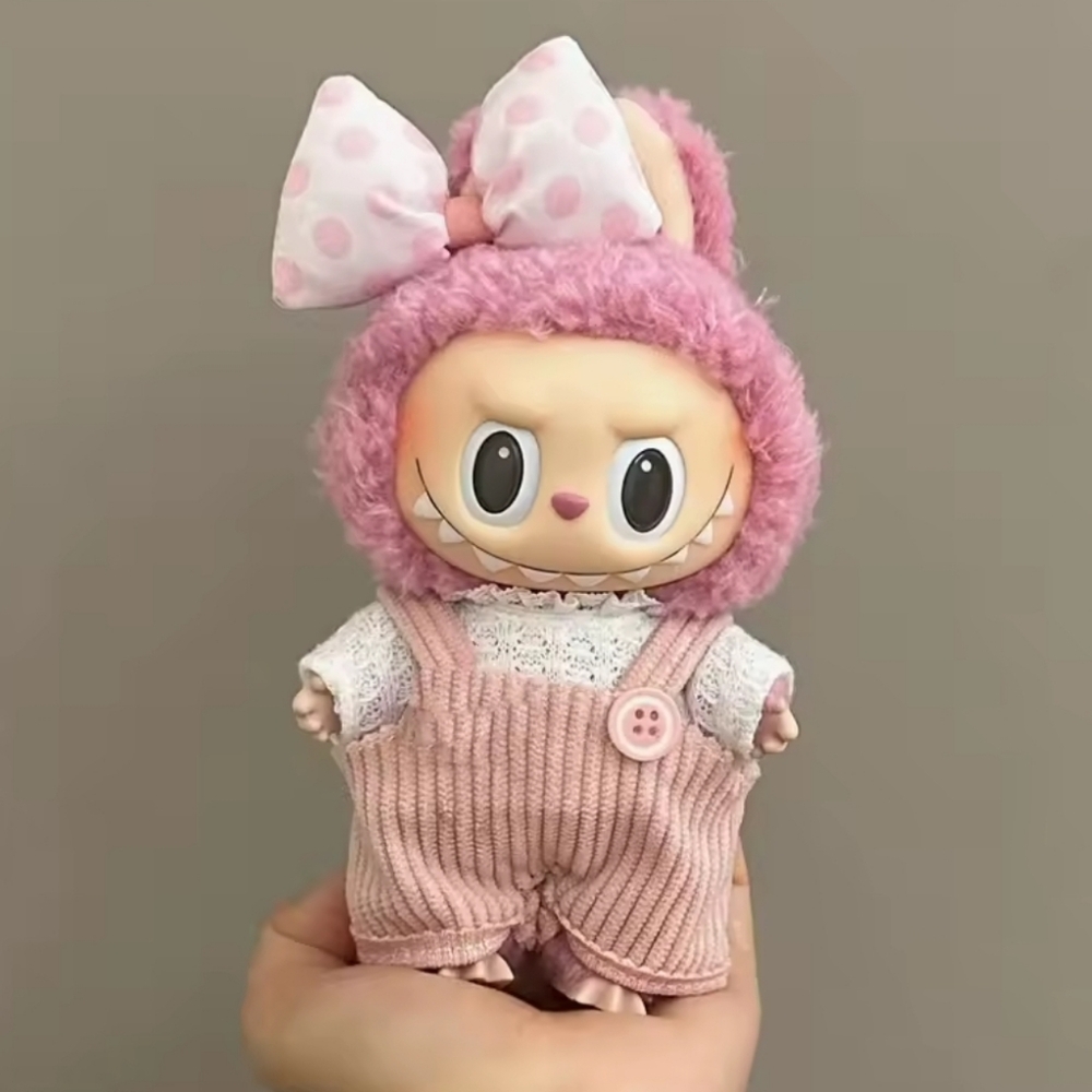 Pink Overalls And Bow Clothing Outfit For Labubu, Doll Is Not Included